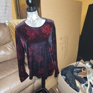 White Stag Velvet Floral Long Sleeve Top - Deep Red and Black
